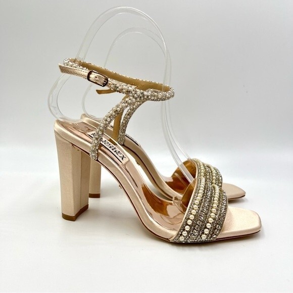 Badgley Mischka Size 5 Kari Soft Nude‎ Satin Jeweled Block Open Toe Heels Shoes - Picture 2 of 13